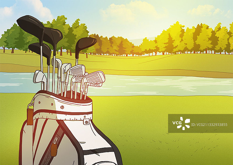 高尔夫球包与树木湖泊背景图片素材