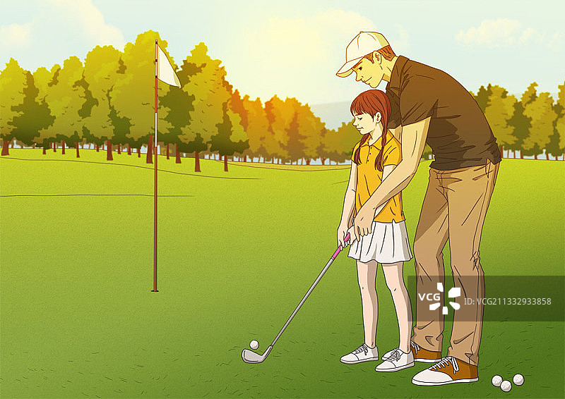 一位父亲教他的女儿如何打高尔夫球图片素材