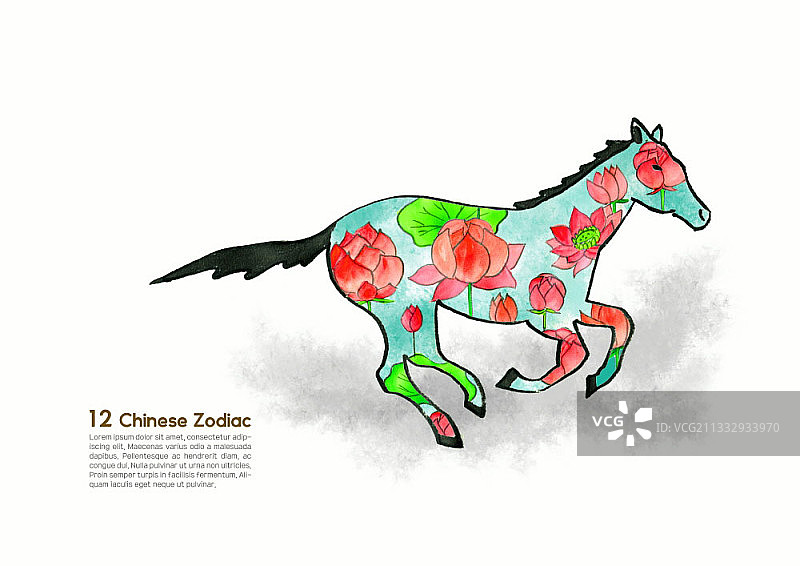 生肖马：花卉图案骏马插画图片素材