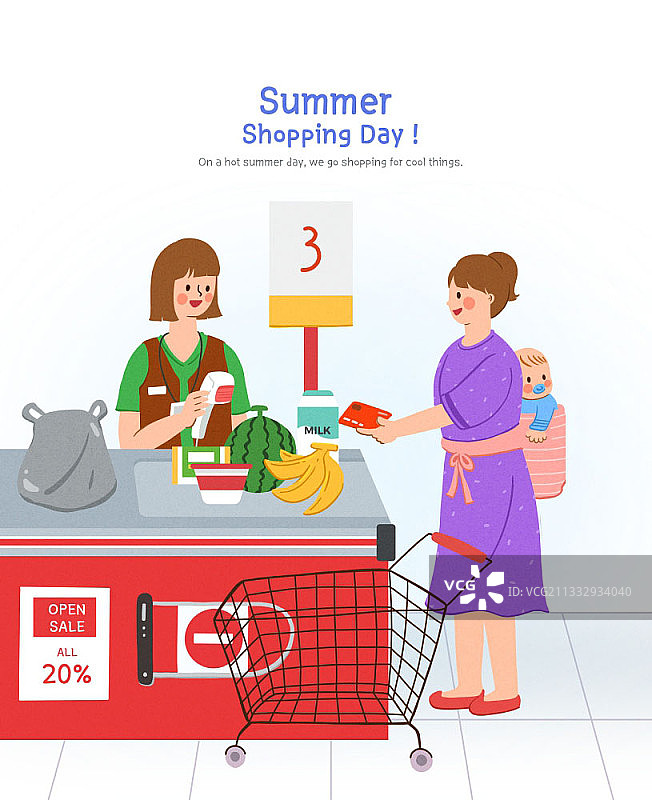 购物后在收银台抱着婴儿的女人图片素材