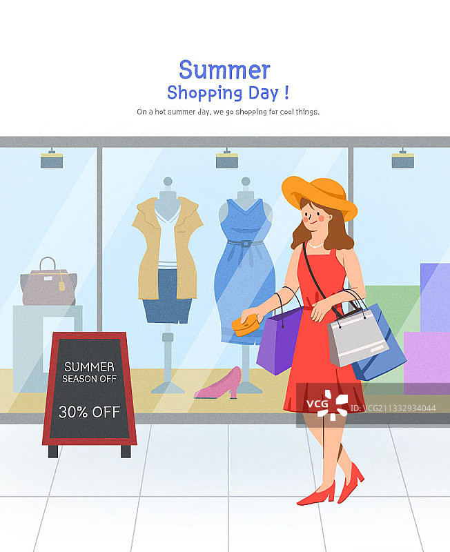 一位身穿红色连衣裙的女人在购物图片素材