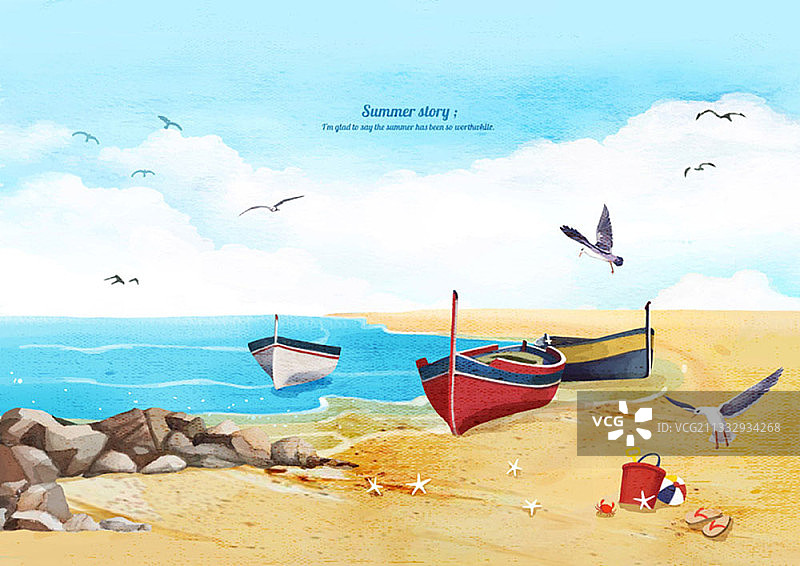 海滩和海鸥飞翔的插画图片素材