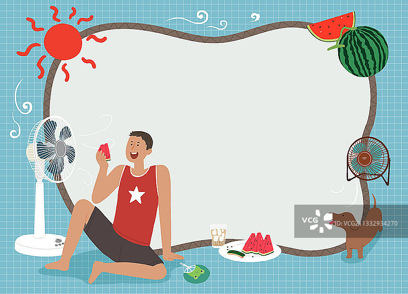 男子在风扇前吃西瓜框架插画图片素材