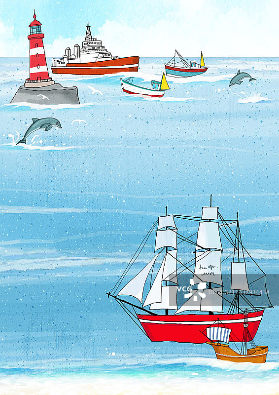 远方海面与船只框架插画图片素材