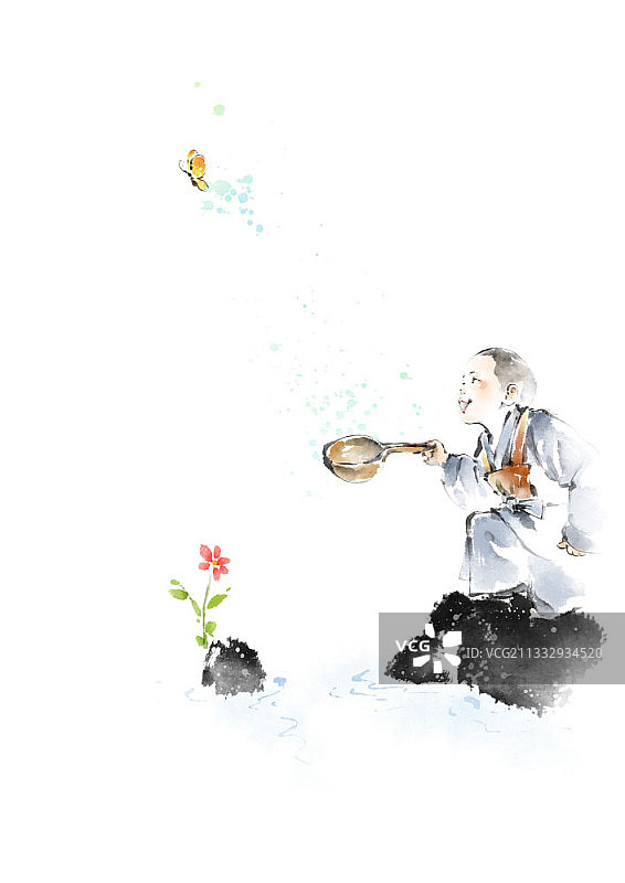 小沙弥溪边休憩插画图片素材