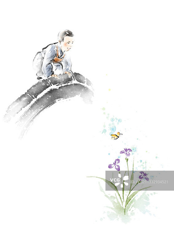 小沙弥观花插画图片素材