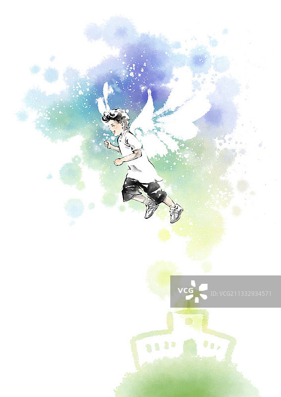 飞翔在天空中的插画男孩图片素材