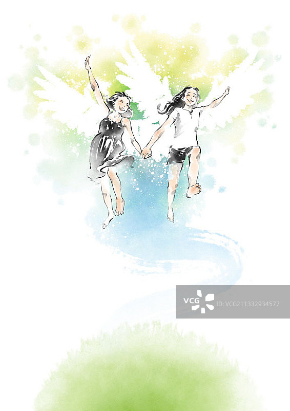带翅膀的女孩在天空飞翔的插画图片素材