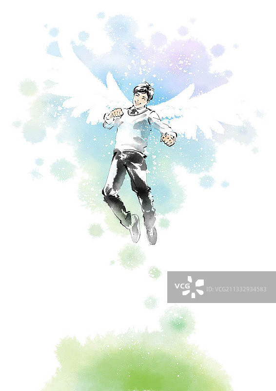 飞翔在天空中的插画男孩图片素材