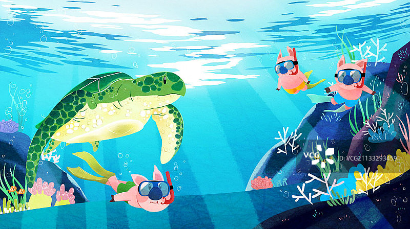 海中游泳的海龟和小猪插画图片素材