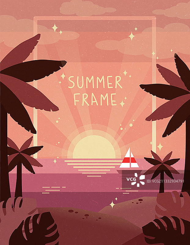 海滩日落框架插画图片素材