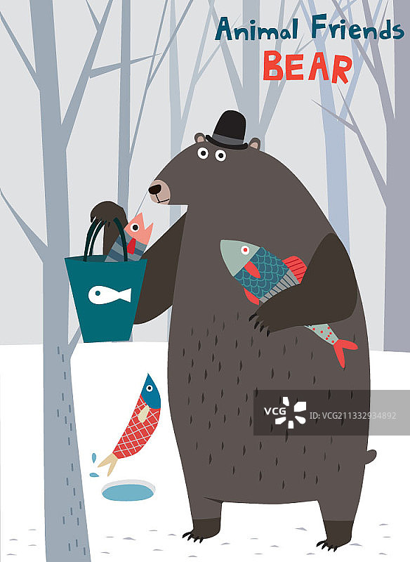 钓鱼大熊插画图片素材