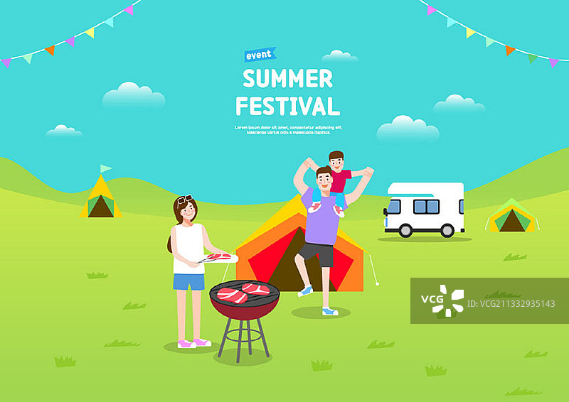 一家人在露营地烧烤图片素材