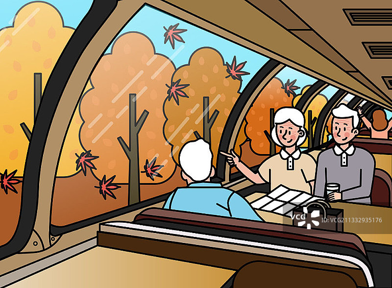 一群老人在火车上欣赏窗外的秋景图片素材