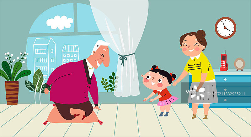 妈妈和女儿向祖父问好图片素材