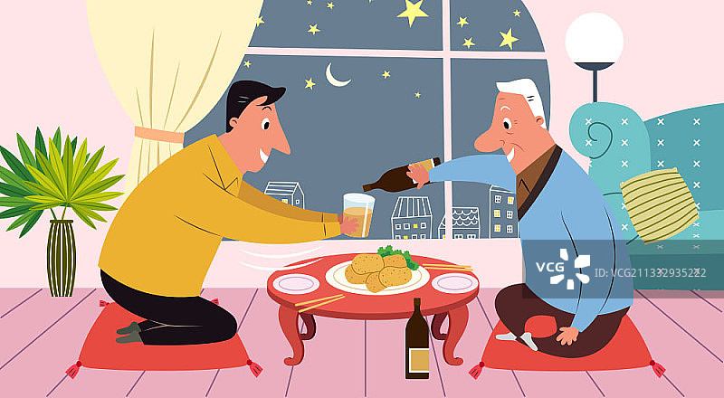 男人礼貌地从老人那里接过一杯啤酒图片素材