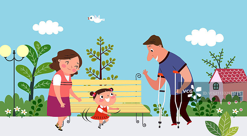 一位母亲和女儿在公园里给一位腿部残疾的男人让座图片素材