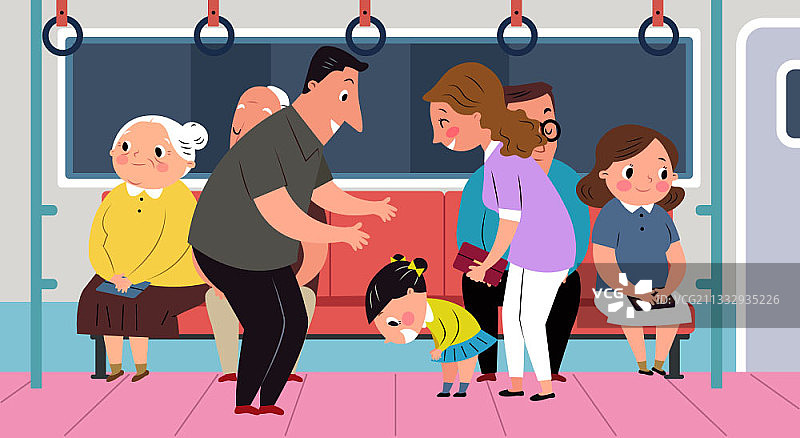 男子在地铁里给小女孩让座图片素材