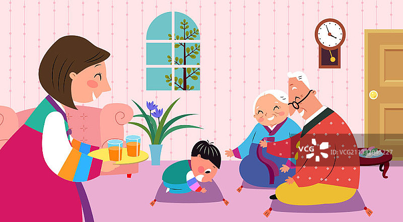 男孩在传统节日向祖父母鞠躬图片素材