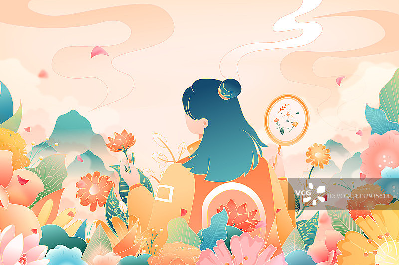 卡通花季少女美妆彩妆消费网购电商促销中国风古风国潮矢量插画图片素材