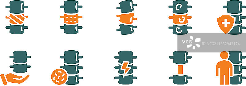 彩色人体脊柱和健康椎骨图标套装图片素材
