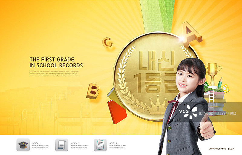 在黄色背景上，做出竖起大拇指手势、佩戴金牌的少女的图像图片素材