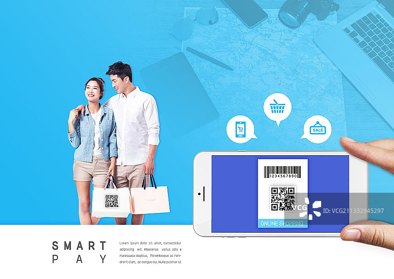 智能支付主题：智能手机条形码与购物情侣图片素材