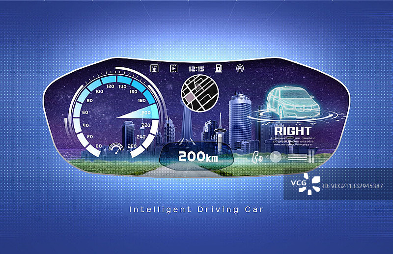 具有城市景观图形仪表板的智能驾驶汽车蓝色背景图图片素材