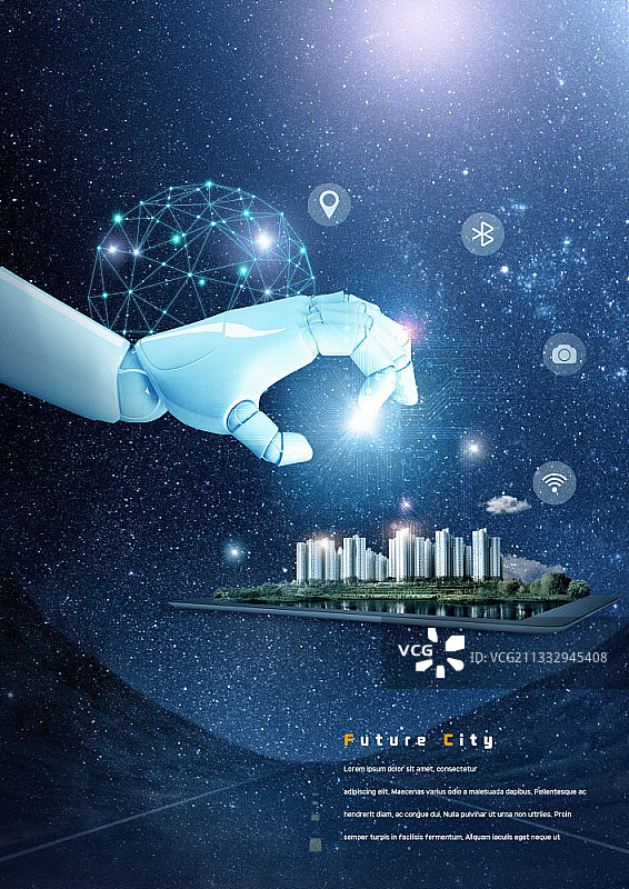 未来城市机器人手星空背景图图片素材
