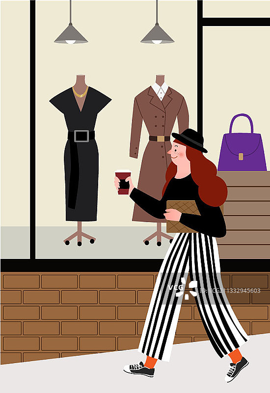 女人手拿咖啡和钱包走过服装店矢量插画图片素材