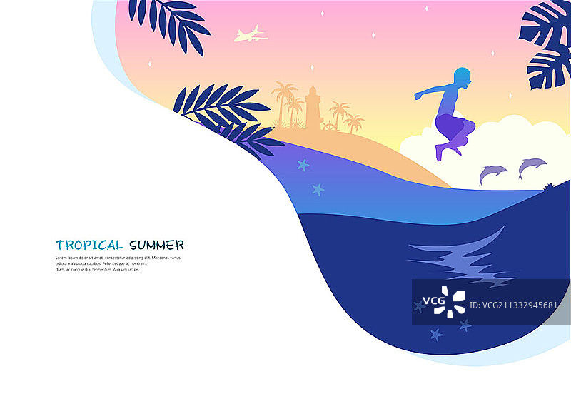 热带夏季主题矢量图：男孩跳入海中与海豚嬉戏图片素材