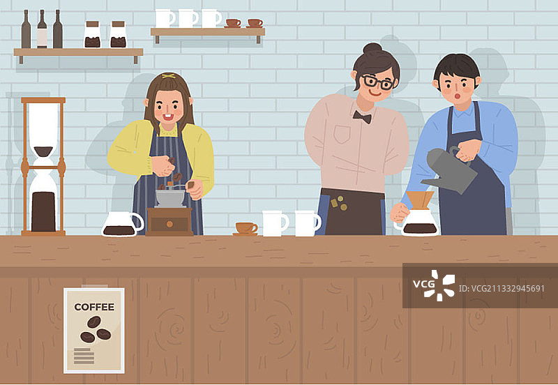 咖啡馆里三人围桌煮咖啡矢量插画图片素材