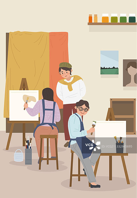 教师指导学生绘画的场景矢量插画图片素材