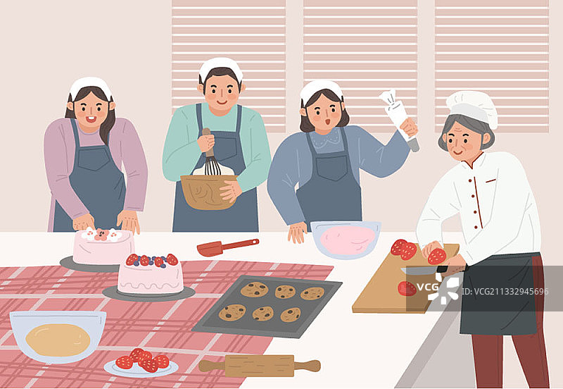 烹饪课烘焙蛋糕和饼干的人群矢量插画图片素材