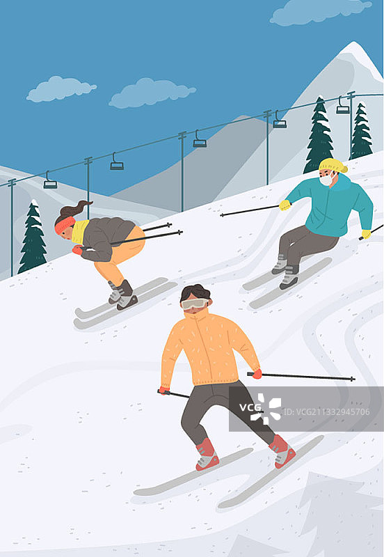 在滑雪胜地享受滑雪乐趣的三人矢量图图片素材