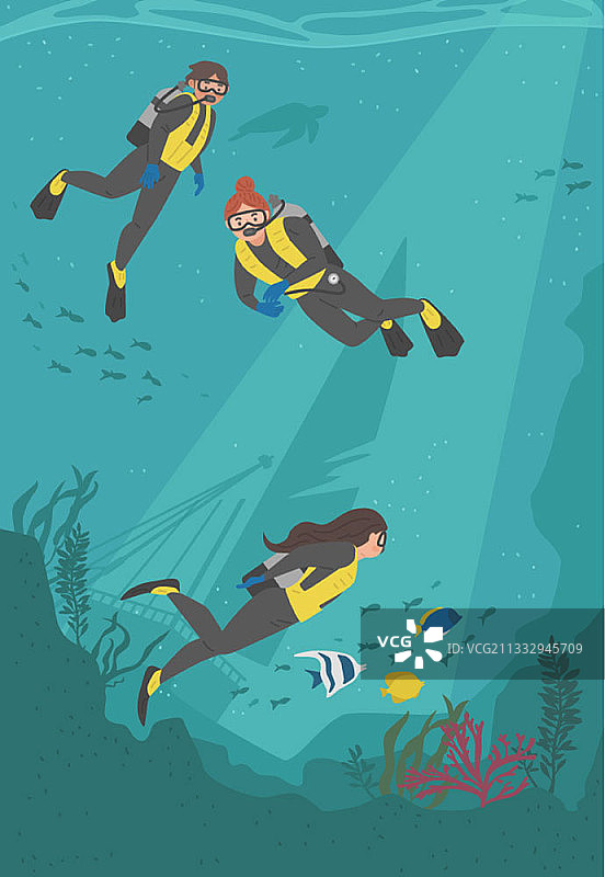 在海底享受水肺潜水的三人矢量插画图片素材