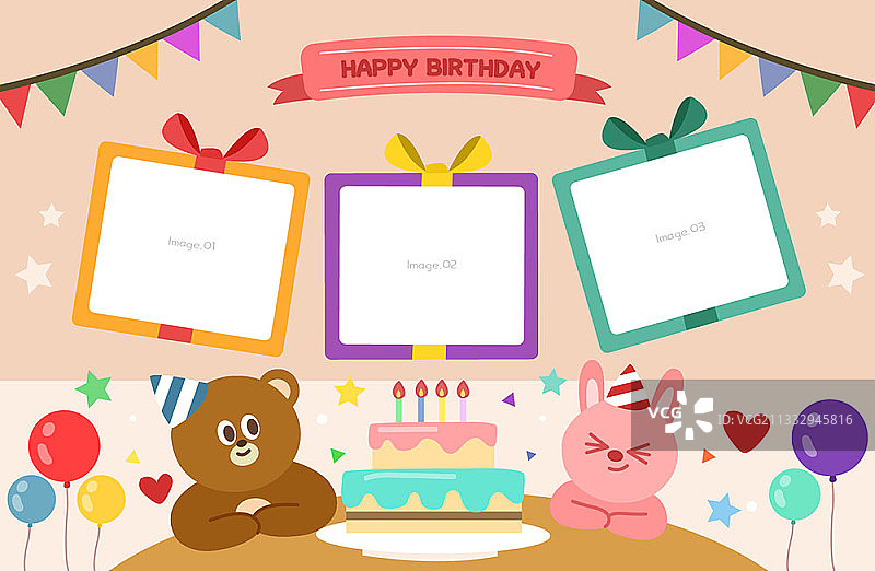小熊小白兔生日派对矢量边框图片素材