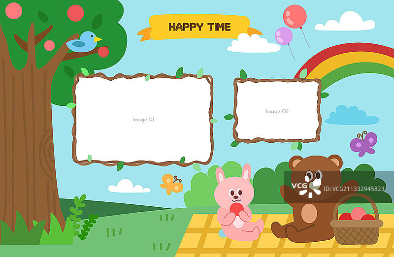 小熊和兔子在公园野餐的欢乐时光概念矢量图图片素材