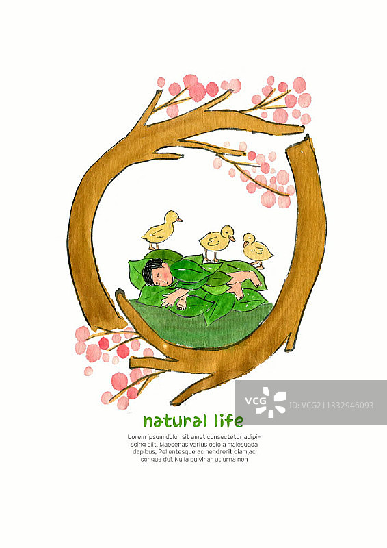 自然生活插画：男孩被树叶覆盖，身上有三只鸭子图片素材