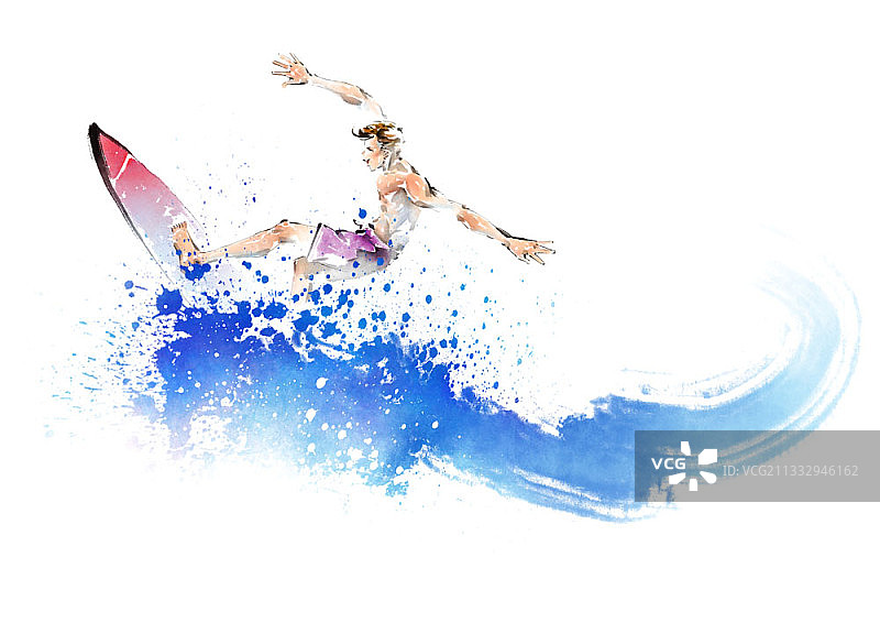 笔触画：男人海上冲浪图片素材