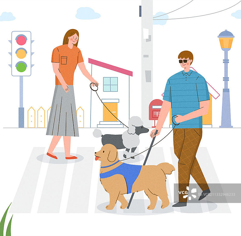 女人和盲人带着狗走在人行横道上的插画图片素材