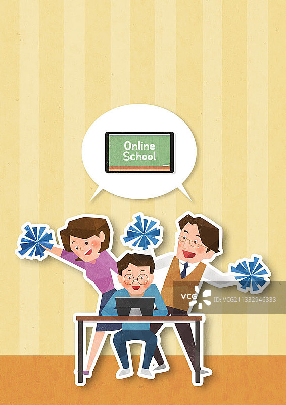 男孩在书桌旁使用平板电脑上网课，父母在一旁鼓励图片素材