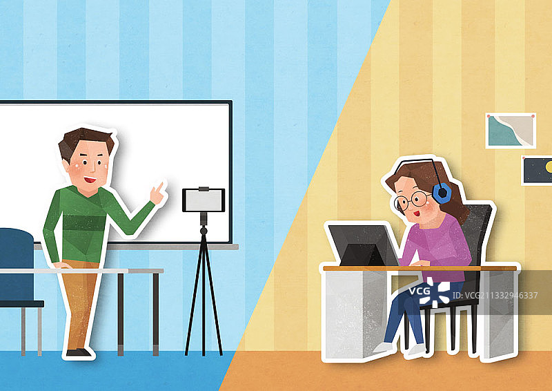 老师拍摄讲座，女孩坐在桌旁用平板电脑在线学习插画图片素材