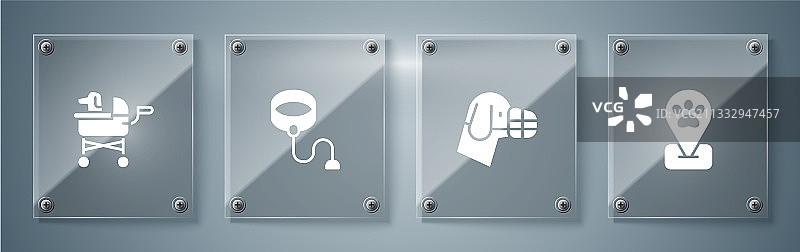 宠物美容定位标识：狗、嘴套、伸缩牵引绳图片素材