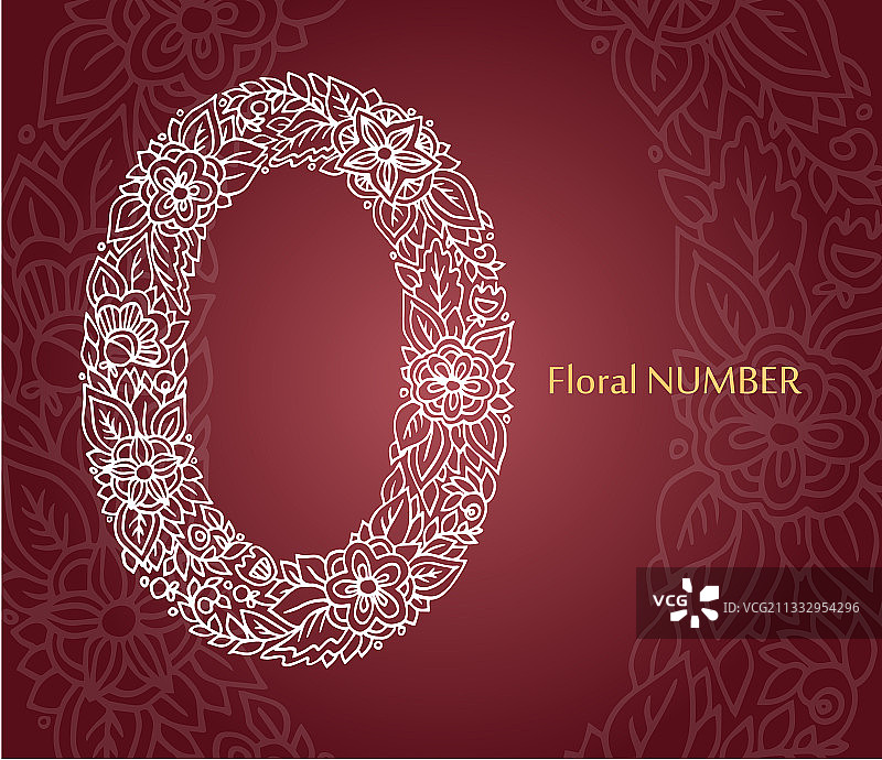 白色线条花卉数字0和叶子图片素材