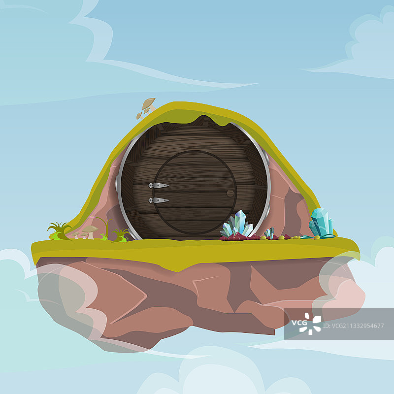 空中岛屿上的霍比特人小屋卡通图片素材