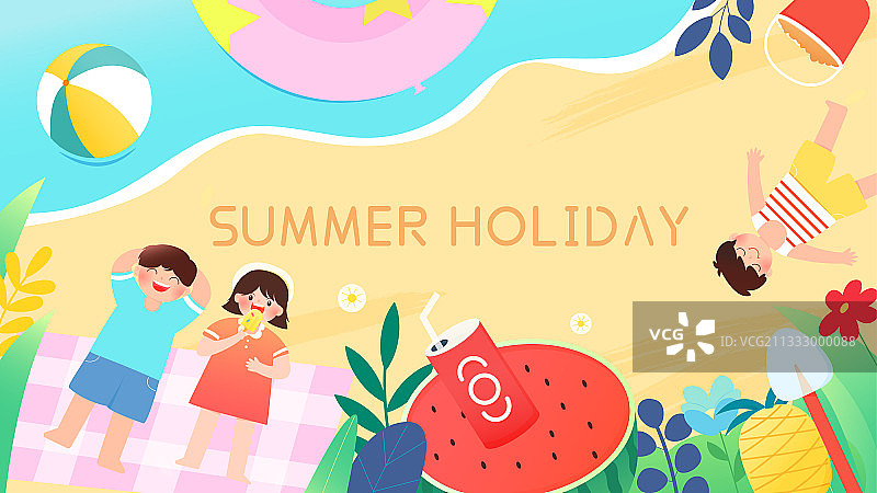 三个儿童夏天在沙滩玩耍矢量插画海报背景横图图片素材