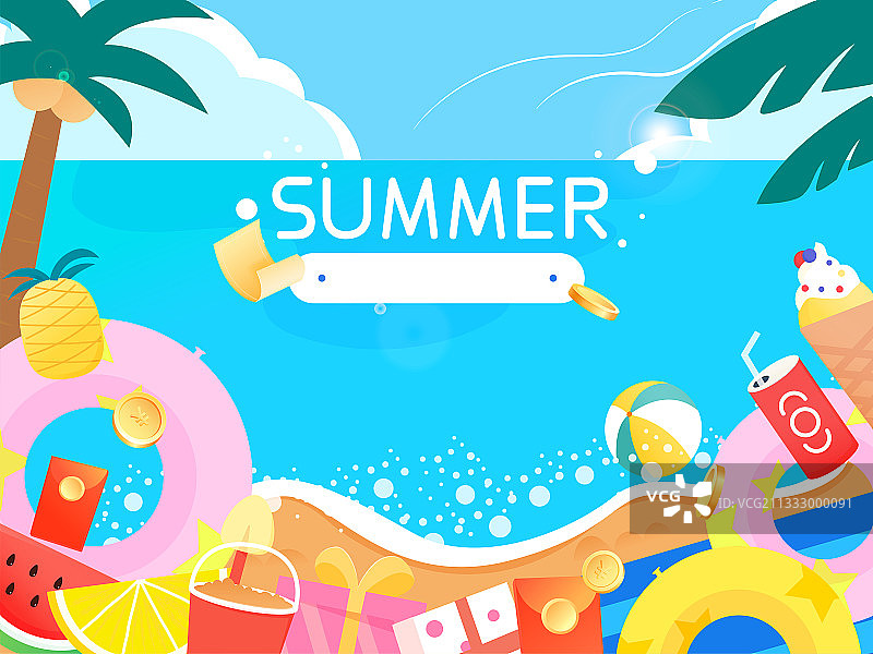 夏日海边沙滩水果红包电商促销矢量插画海报模板横图图片素材