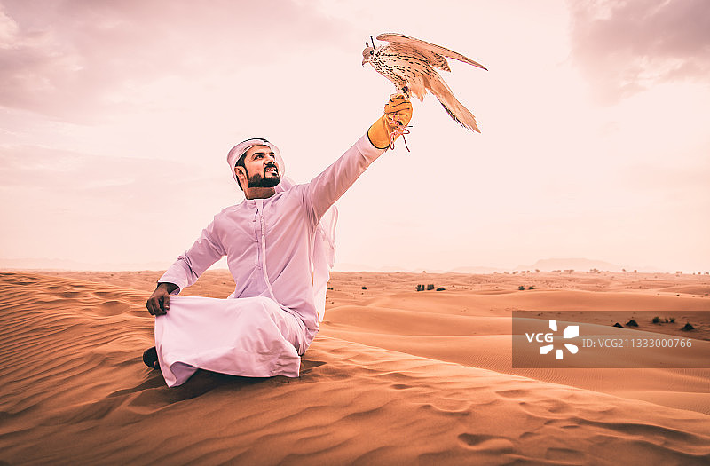 男人在沙漠中与猎鹰图片素材