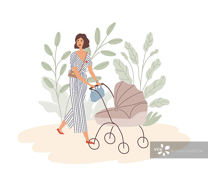 快乐的年轻妈妈推着婴儿车图片素材